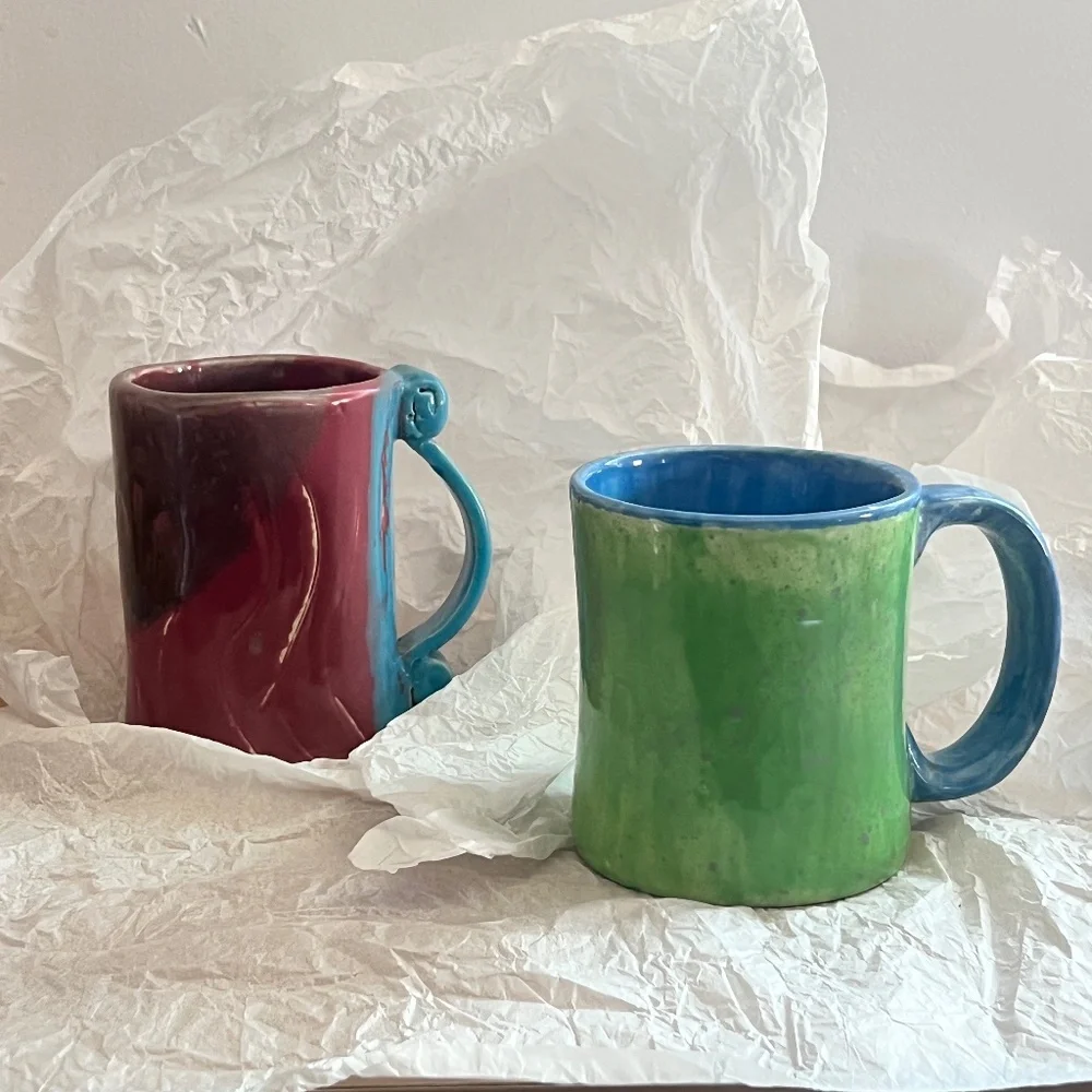 Handmade 2 Ceramic Pottery Mugs, Well Crafted Set, Unique, Absolutely Beautiful